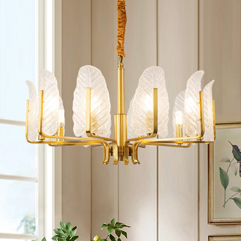 Postmodern Seedy Glass Gold Leaf-Shaped Chandelier Light for Living Room Ceiling