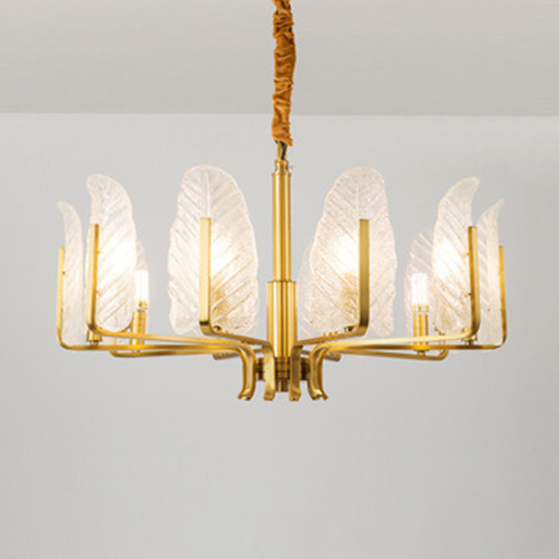 Postmodern Seedy Glass Gold Leaf-Shaped Chandelier Light for Living Room Ceiling