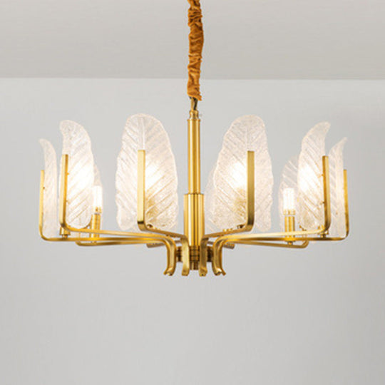 Postmodern Seedy Glass Gold Leaf-Shaped Chandelier Light for Living Room Ceiling