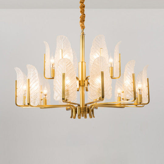 Postmodern Seedy Glass Gold Leaf-Shaped Chandelier Light for Living Room Ceiling