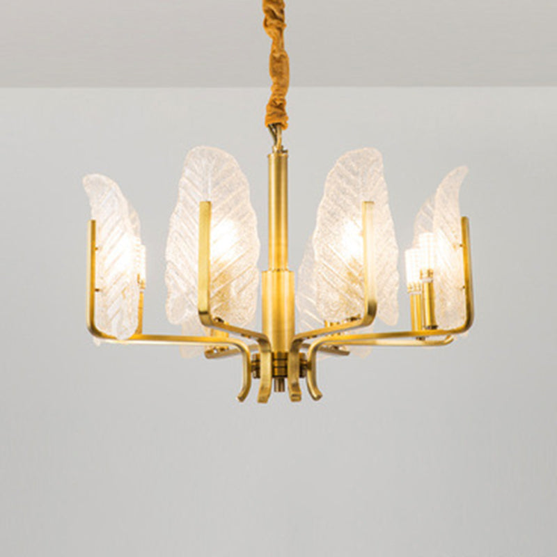 Postmodern Seedy Glass Gold Leaf-Shaped Chandelier Light for Living Room Ceiling