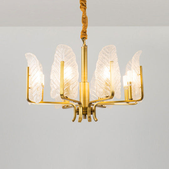 Postmodern Seedy Glass Gold Leaf-Shaped Chandelier Light for Living Room Ceiling