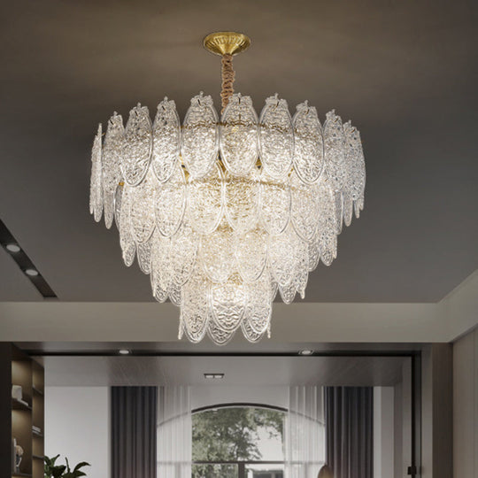 Modern Oval Chandelier Pendant Light In Textured Glass - Gold