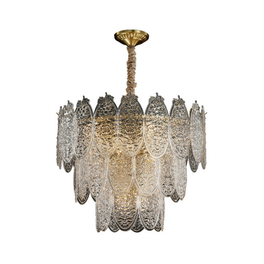 Modern Oval Chandelier Pendant Light In Textured Glass - Gold