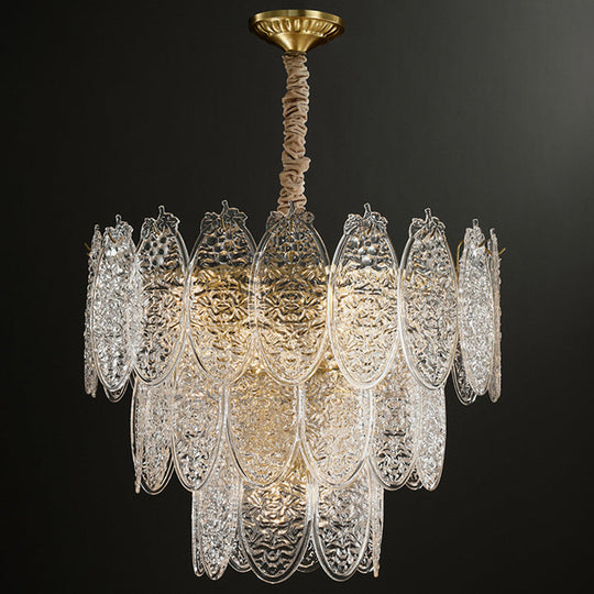 Modern Oval Chandelier Pendant Light In Textured Glass - Gold