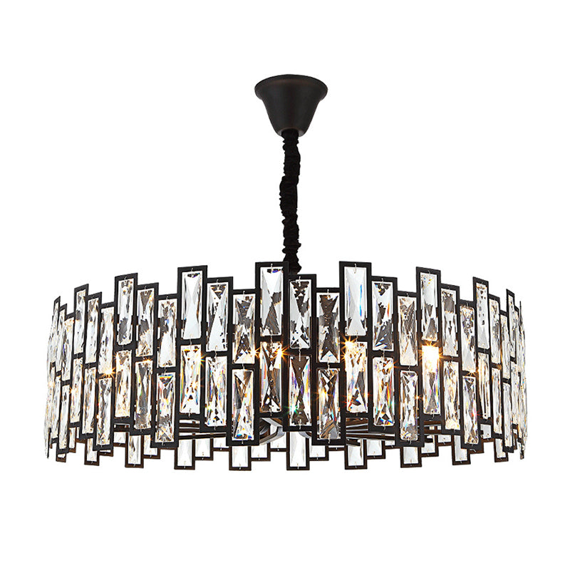 Beveled Crystal Pendant Light - Drum Shape Minimalist Black Chandelier For Living Room