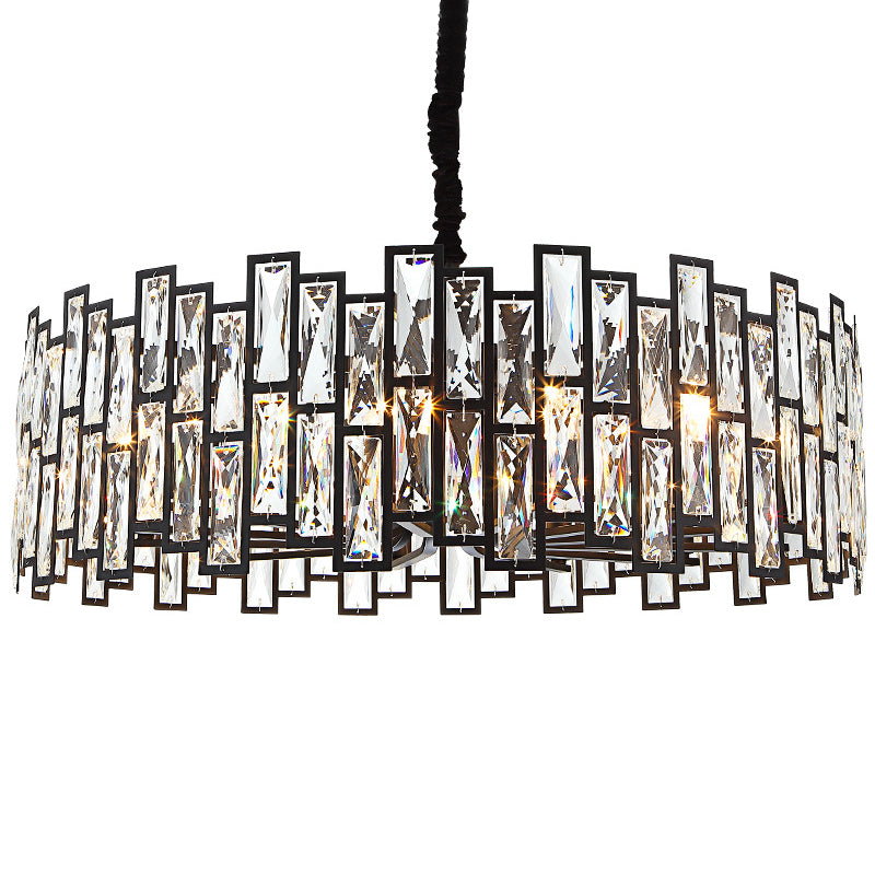 Minimalist Black Crystal Chandelier Pendant Light for Living Room - Drum Shaped Beveled Design