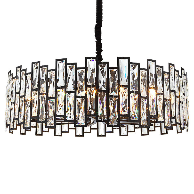 Minimalist Black Crystal Chandelier Pendant Light for Living Room - Drum Shaped Beveled Design