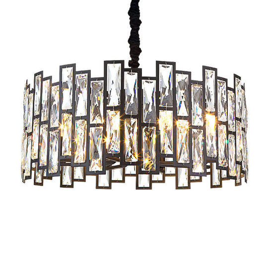 Beveled Crystal Pendant Light - Drum Shape Minimalist Black Chandelier For Living Room / 19.5