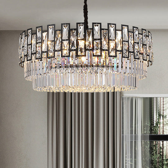 Modern Faceted Crystal Chandelier - Black Round Ceiling Light Fixture For Living Room