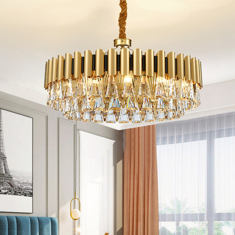 Gold Tiered Chandelier Pendant Light with Minimalist Tri-Prism Crystal for Living Room