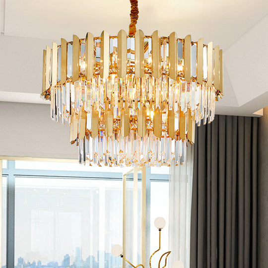 Gold Prismatic Crystal Drum Ceiling Light - Postmodern Chandelier Fixture