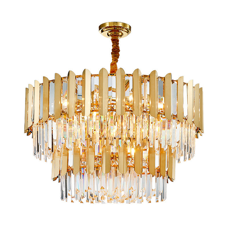 Postmodern Gold Chandelier - Prismatic Crystal Drum Ceiling Light Fixture