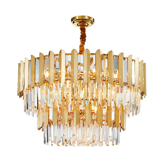 Postmodern Gold Chandelier - Prismatic Crystal Drum Ceiling Light Fixture