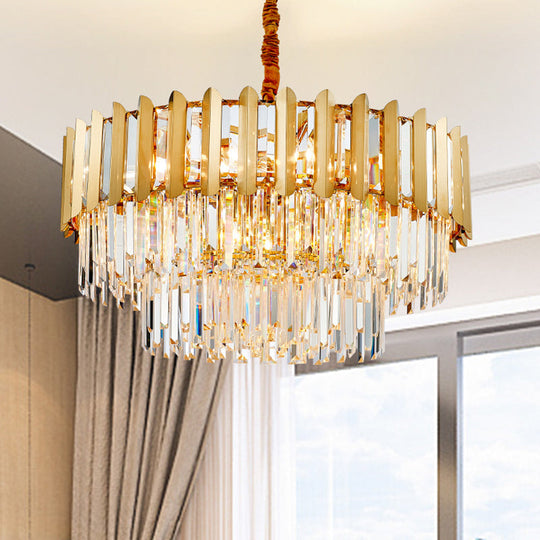 Postmodern Gold Chandelier - Prismatic Crystal Drum Ceiling Light Fixture