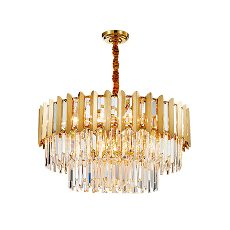 Postmodern Gold Chandelier - Prismatic Crystal Drum Ceiling Light Fixture