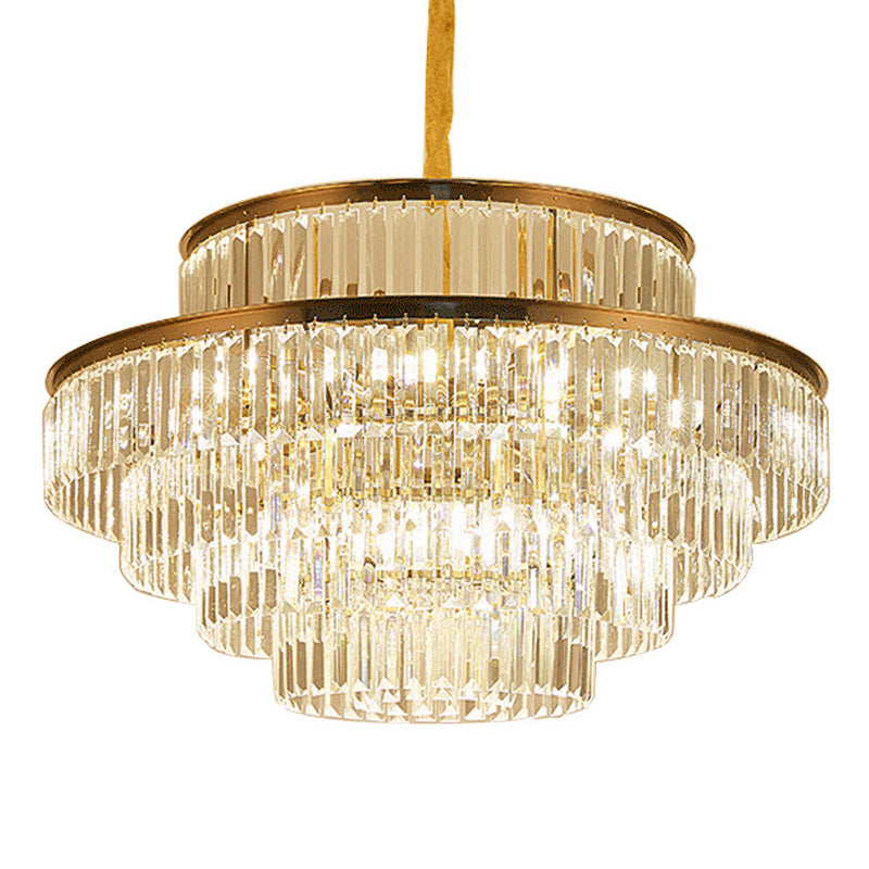 Gold Artistic Circular Suspension Light With Tri-Prism Crystal For Living Room Chandelier