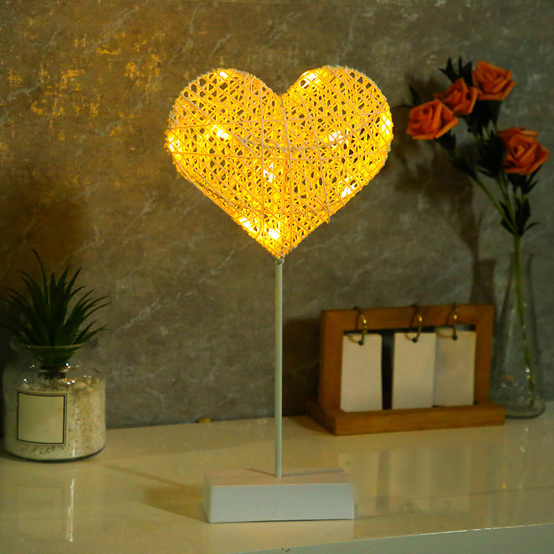 White Rattan Led Table Lamp: Battery-Powered Nightstand Light For Girls Room / Loving Heart Remote