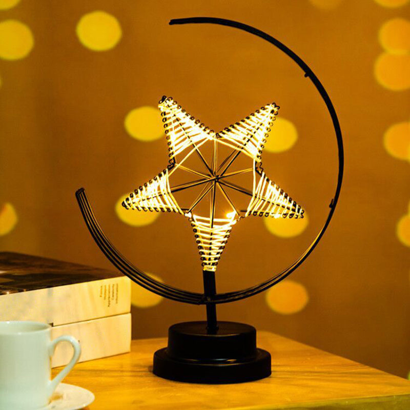 Metallic Star And Moon Led Nightstand Lamp For Bedroom Decor Black / Battery