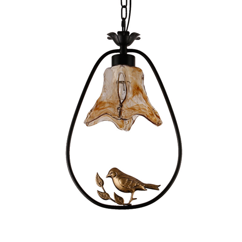 Black Round/Oval Ceiling Light - Classic Metal Pendant With Flower Shade And Bird Accent Ideal For