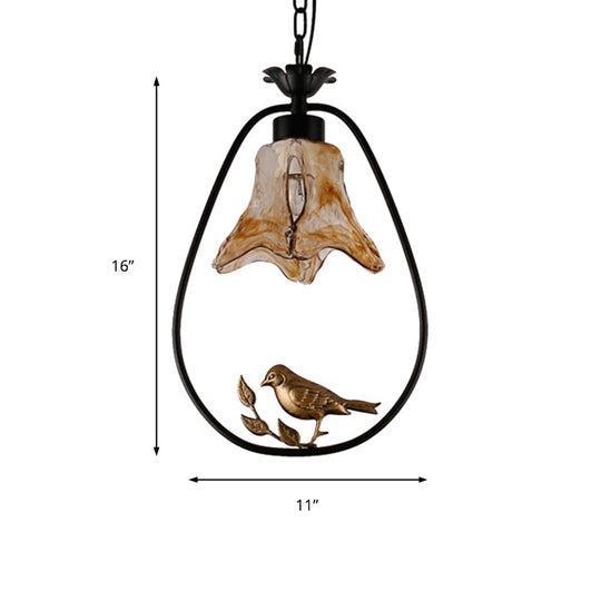 Black Round/Oval Ceiling Light - Classic Metal Pendant With Flower Shade And Bird Accent Ideal For