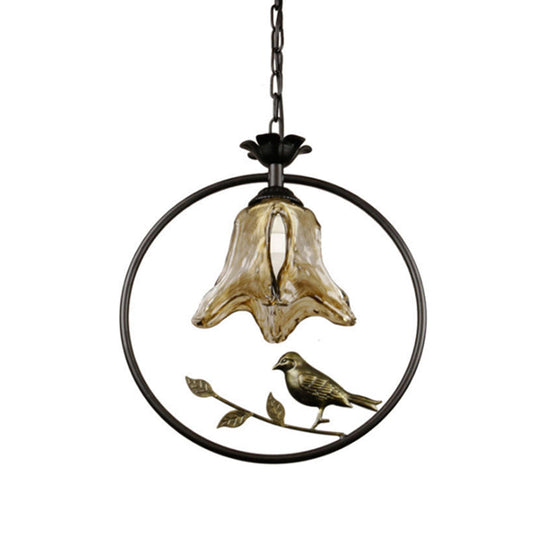 Black Round/Oval Ceiling Light - Classic Metal Pendant With Flower Shade And Bird Accent Ideal For