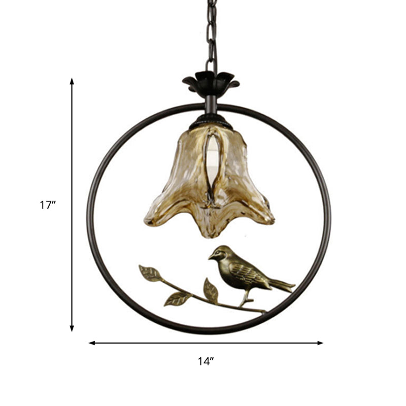 Black Round/Oval Ceiling Light - Classic Metal Pendant With Flower Shade And Bird Accent Ideal For