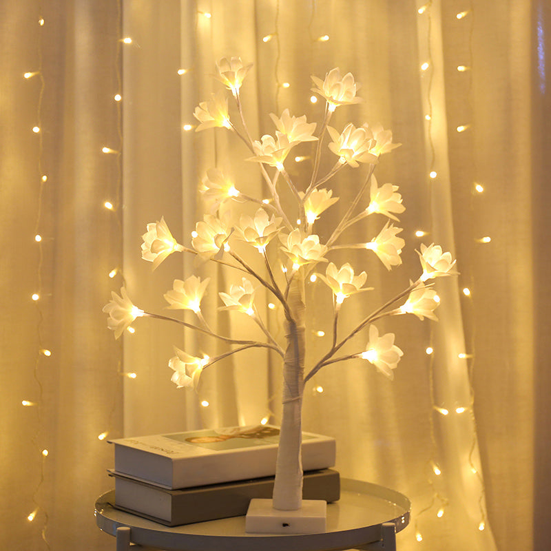 White Floral Tree Led Table Lamp: Modern Metallic Decor For Living Room