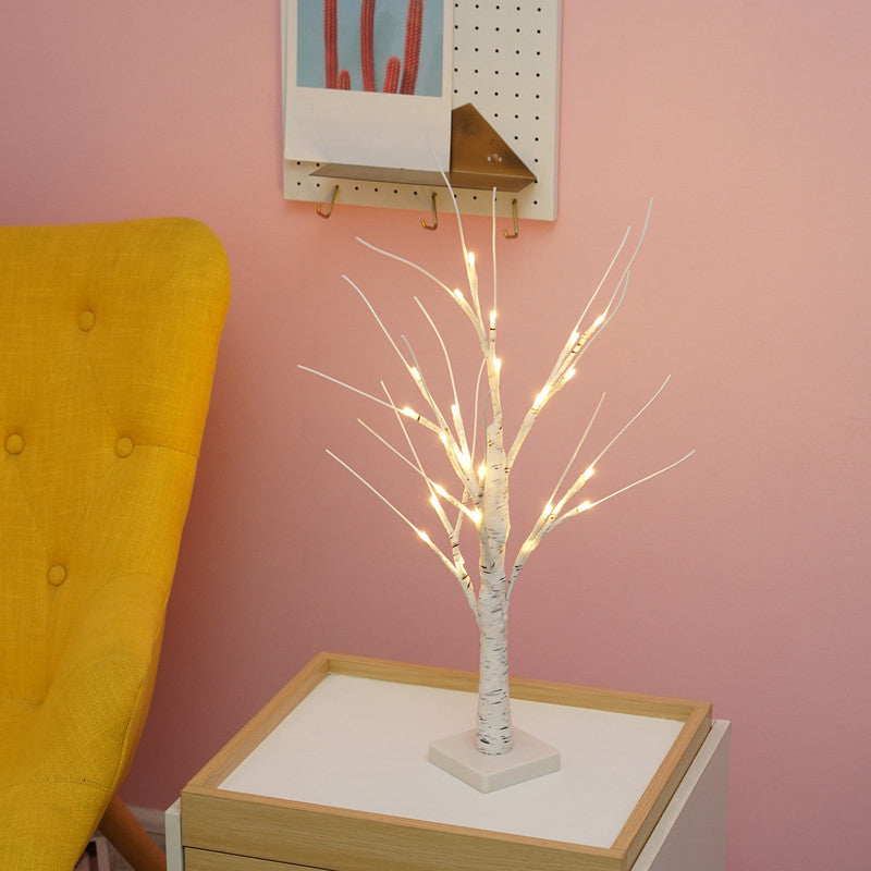 White Led Usb Nightstand Lamp: Plastic Birch Tree Art Decor For Living Room