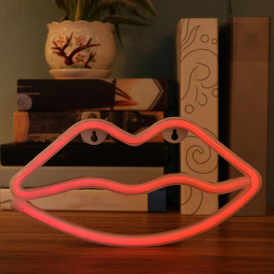 Kids Bedroom Lip Shaped Neon Wall Light Battery Powered Led Plastic Art White