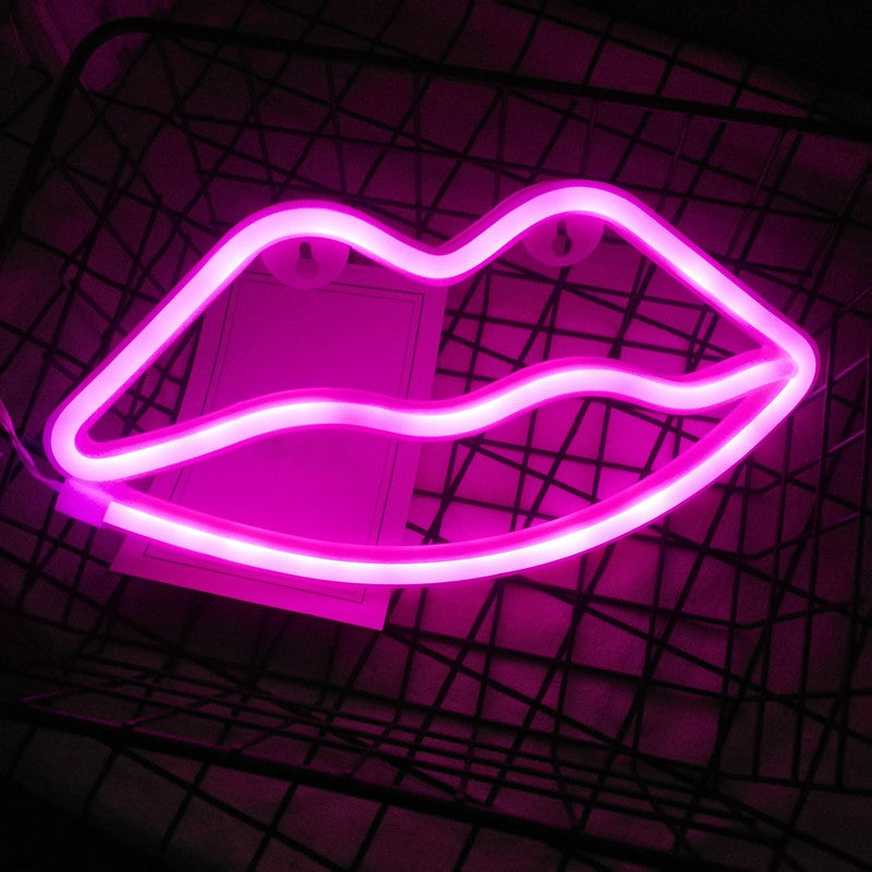 Kids Bedroom Lip Shaped Neon Wall Light Battery Powered Led Plastic Art White / Pink