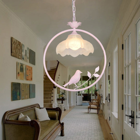 Modern Round Pendant Light Fixture - 1-Light Metal Hanging Lamp In Black/White/Pink With Scalloped