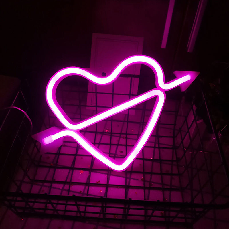 Led Neon Heart And Arrow Night Light - Battery Powered Bedroom Wall Lighting In White / Pink