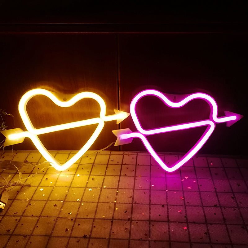 Led Neon Heart And Arrow Night Light - Battery Powered Bedroom Wall Lighting In White