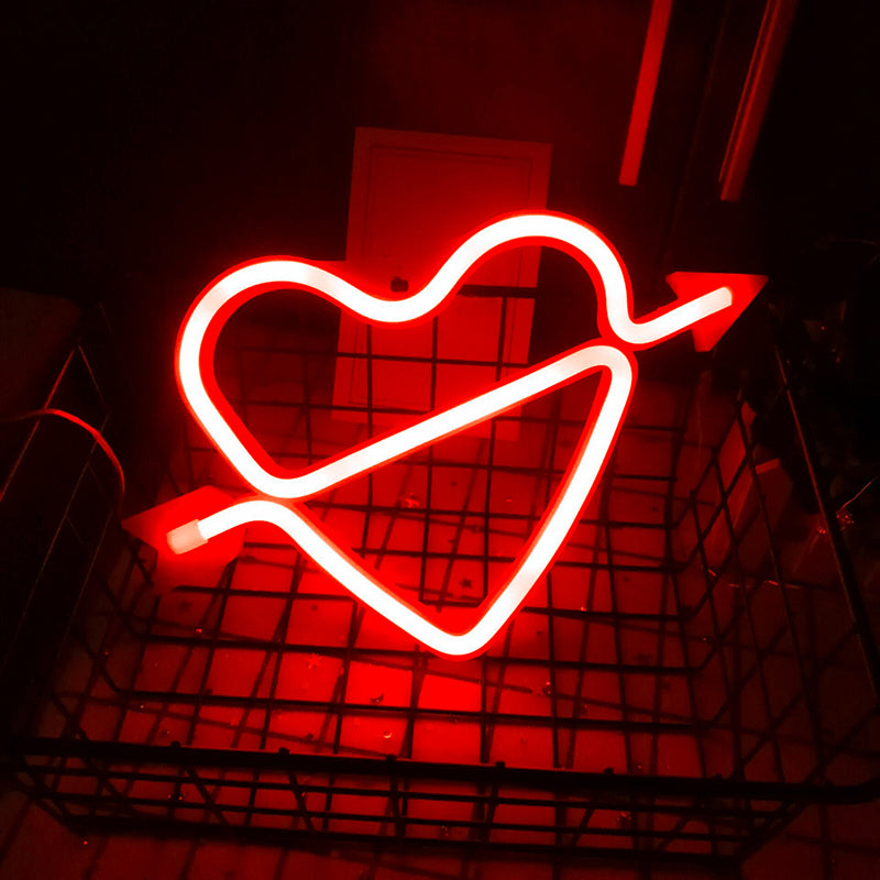 Led Neon Heart And Arrow Night Light - Battery Powered Bedroom Wall Lighting In White / Red