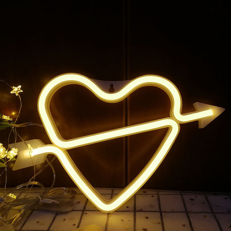 Led Neon Heart And Arrow Night Light - Battery Powered Bedroom Wall Lighting In White / Warm