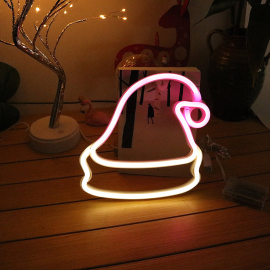 Led White Christmas Hat Wall Light: Festive Battery-Powered Neon Decor