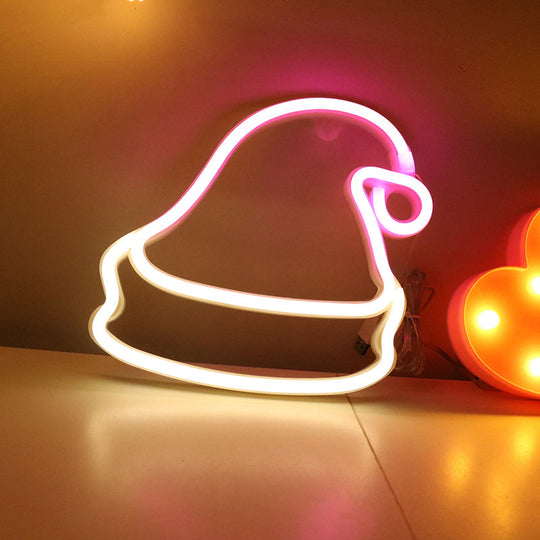 Led White Christmas Hat Wall Light: Festive Battery-Powered Neon Decor