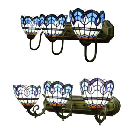 8/9 Stained Glass Bowl Wall Light - Baroque 3-Light Bathroom Sconce In Blue