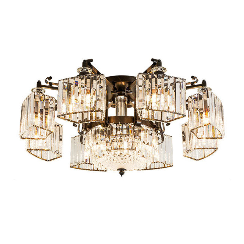 Black Clear Crystal Radial Chandelier Semi Flush Mount Light for Traditional Living Room