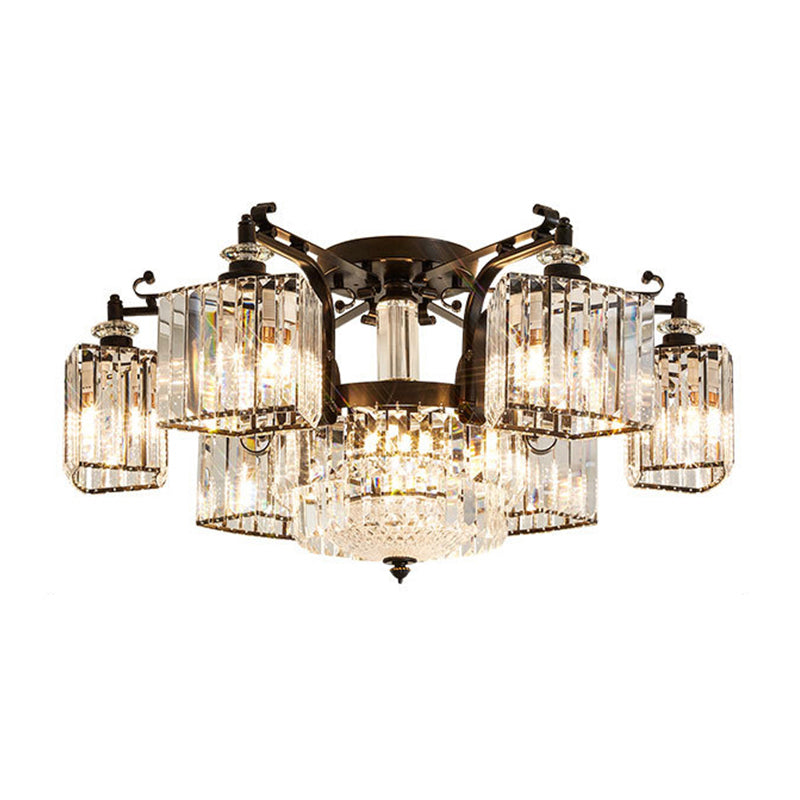 Black Clear Crystal Radial Chandelier Semi Flush Mount Light for Traditional Living Room