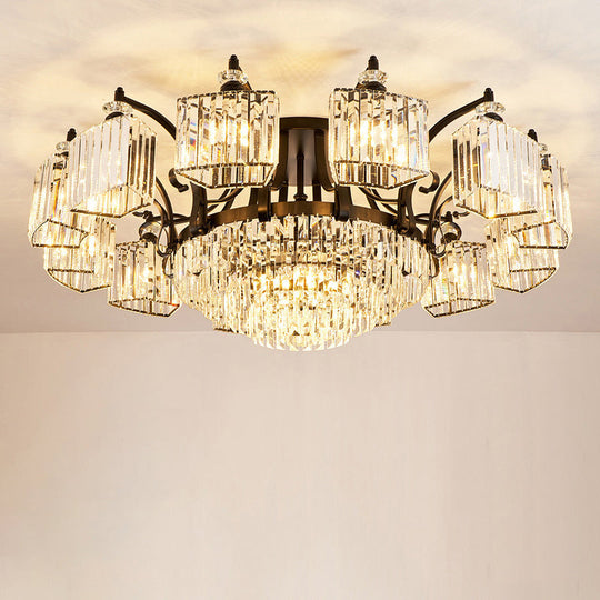 Retro Black Crystal Semi Flush Chandelier for Tiered Living Room Ceiling