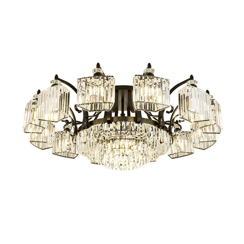 Retro Black Crystal Semi Flush Chandelier for Tiered Living Room Ceiling