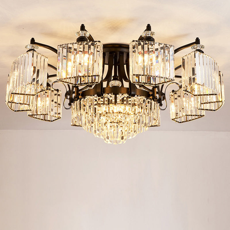 Retro Black Crystal Semi Flush Chandelier for Tiered Living Room Ceiling