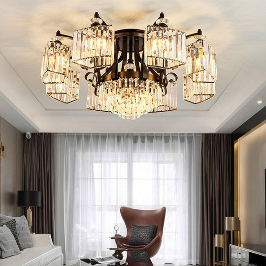 Retro Black Crystal Semi Flush Chandelier for Tiered Living Room Ceiling