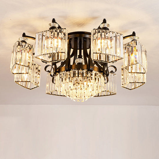 Retro Black Crystal Semi Flush Chandelier for Tiered Living Room Ceiling