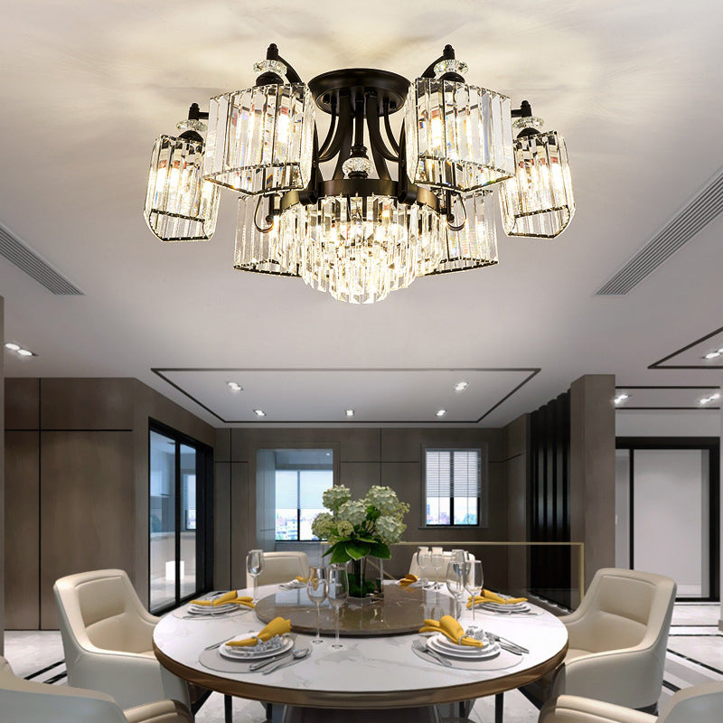 Retro Black Crystal Semi Flush Chandelier for Tiered Living Room Ceiling