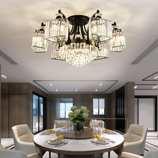 Retro Black Crystal Semi Flush Chandelier for Tiered Living Room Ceiling