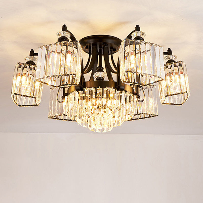 Retro Black Crystal Semi Flush Chandelier for Tiered Living Room Ceiling