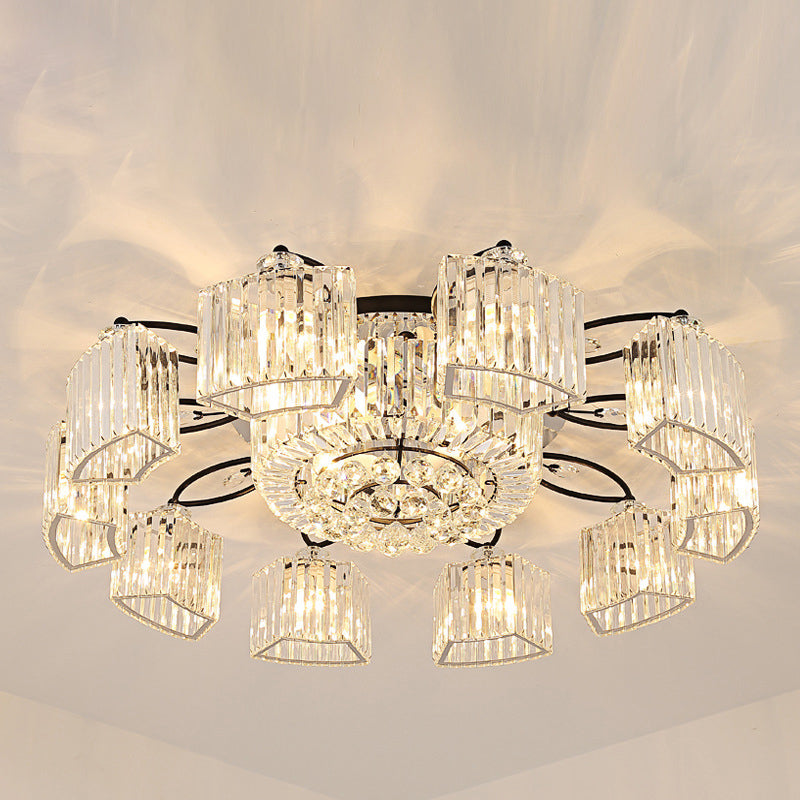 Black Semi Flush Mount Light With Clear Prismatic Crystal For Modern Branch Style